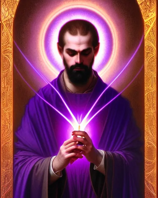 Image similar to portrait of saint germain, he is holding the violet purple indigo flame, completely violet colored, intricate, elegant, highly detailed, digital painting, artstation, concept art, smooth, sharp focus, illustration, art by artgerm and greg rutkowski and fra angelico and alphons mucha