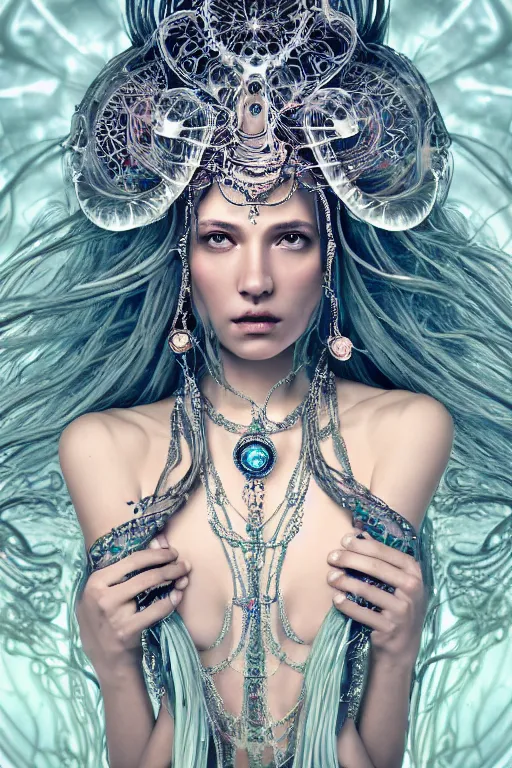 Prompt: a centered render of an mystical wild goddess with wearing ornate silver and gemstones and crystal clothing surrounded by flowing liquid gallium jellyfish and sacred geometry, perfect body and face, gorgeous, cinematic, beautifully lit, by alberto seveso, by zack snyder, by cory loftis, 3 d, trending on artstation, octane render, 8 k