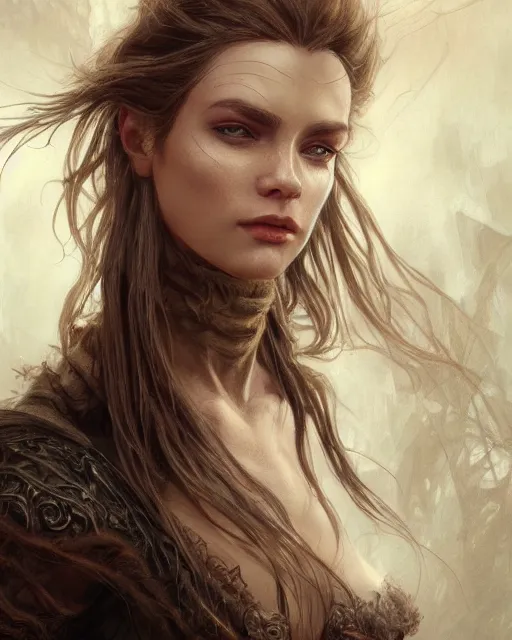 Image similar to fantasy art, unsplash, deviantart, close up portrait of a ruggedly female witch, soft hair, half body, leather, d & d, fantasy, intricate, elegant, highly detailed, digital painting, artstation, concept art, smooth, sharp focus, illustration, art by artgerm and greg rutkowski and alphonse mucha