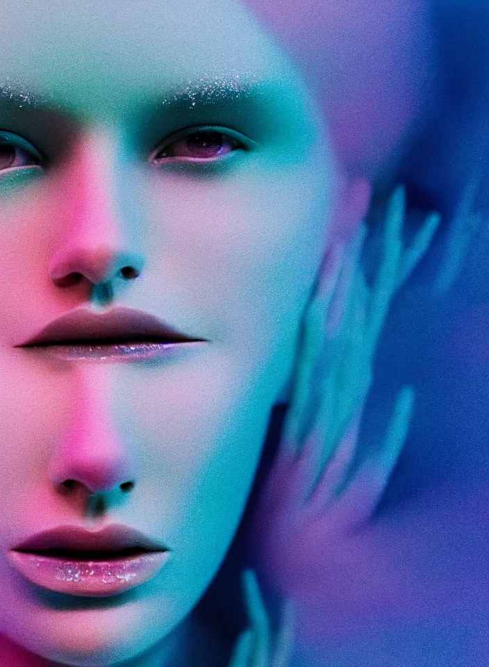 Image similar to high quality pastel coloured film close up photograph of a cyber model in an icelandic black rock!! environment in a dreamstate environment. three point light. photographic production. art directed. pastel colours. volumetric light. pastel gradient overlay. waves glitch artefacts. extreme facial detail. 8 k. filmic.