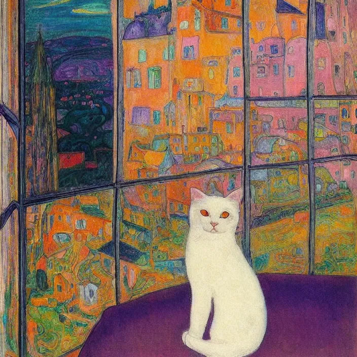 Image similar to dreamy fuzzy white cat sitting in a window, city with gothic cathedral. sun setting through the clouds, vivid iridescent psychedelic colors. munch, agnes pelton, egon schiele, henri de toulouse - lautrec, utamaro, matisse, monet