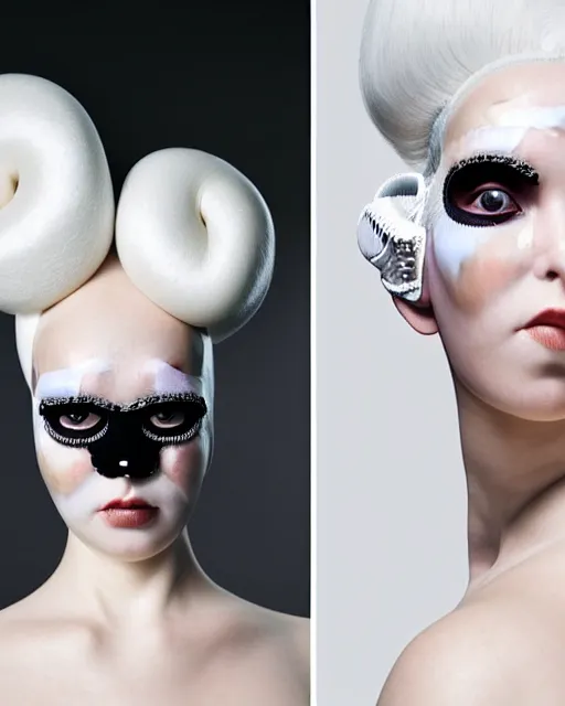 Image similar to symmetrical portrait of a curvy woman wearing a silicone embroidered beauty mask and white hair buns, wearing a black bodysuit by alexander mcqueen, cream white background, soft light, biotechnology, humanoide robot, bjork aesthetic, translucent, by rineke dijkstra, intricate details, highly detailed, masterpiece,