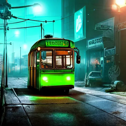 Image similar to an old shabby green trolleybus stands at a stop on the other planet, headlights shine with neon light, in the background in the distance the earth, atmospheric, futuristic, cyberpunk, 8 k resolution, ultra detailed