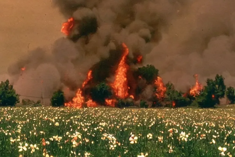 Image similar to vhs 1 9 8 0 s footage of a scene from the movie midsommar a - line shaped wooden building on fire, field of flowers