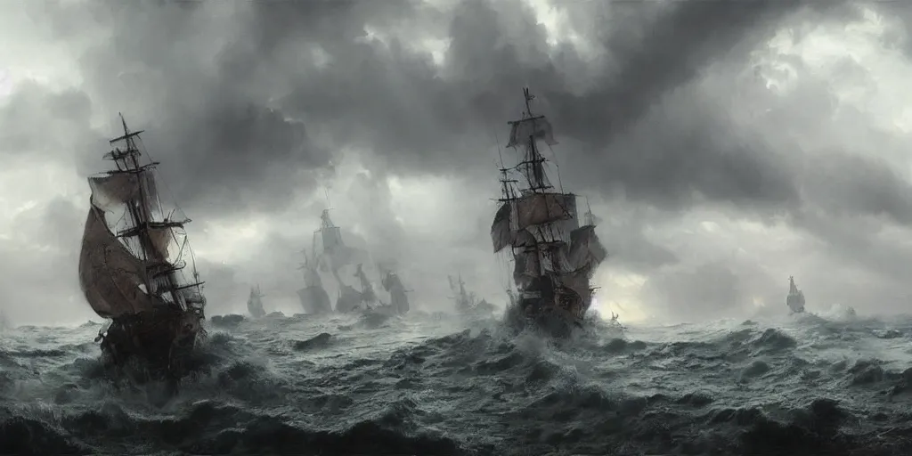 Prompt: A hyper realistic oil painting of a pirate ship in a storm, dark clouds above, fog, lightning lights the sky, by Greg Rutkowski, hyper detailed, trending on artstation