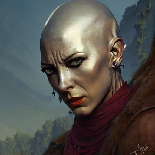 Prompt: bald silver woman statue, clothed, colorful spikes around, golden eyes wide open, john howe, greg rutkowski