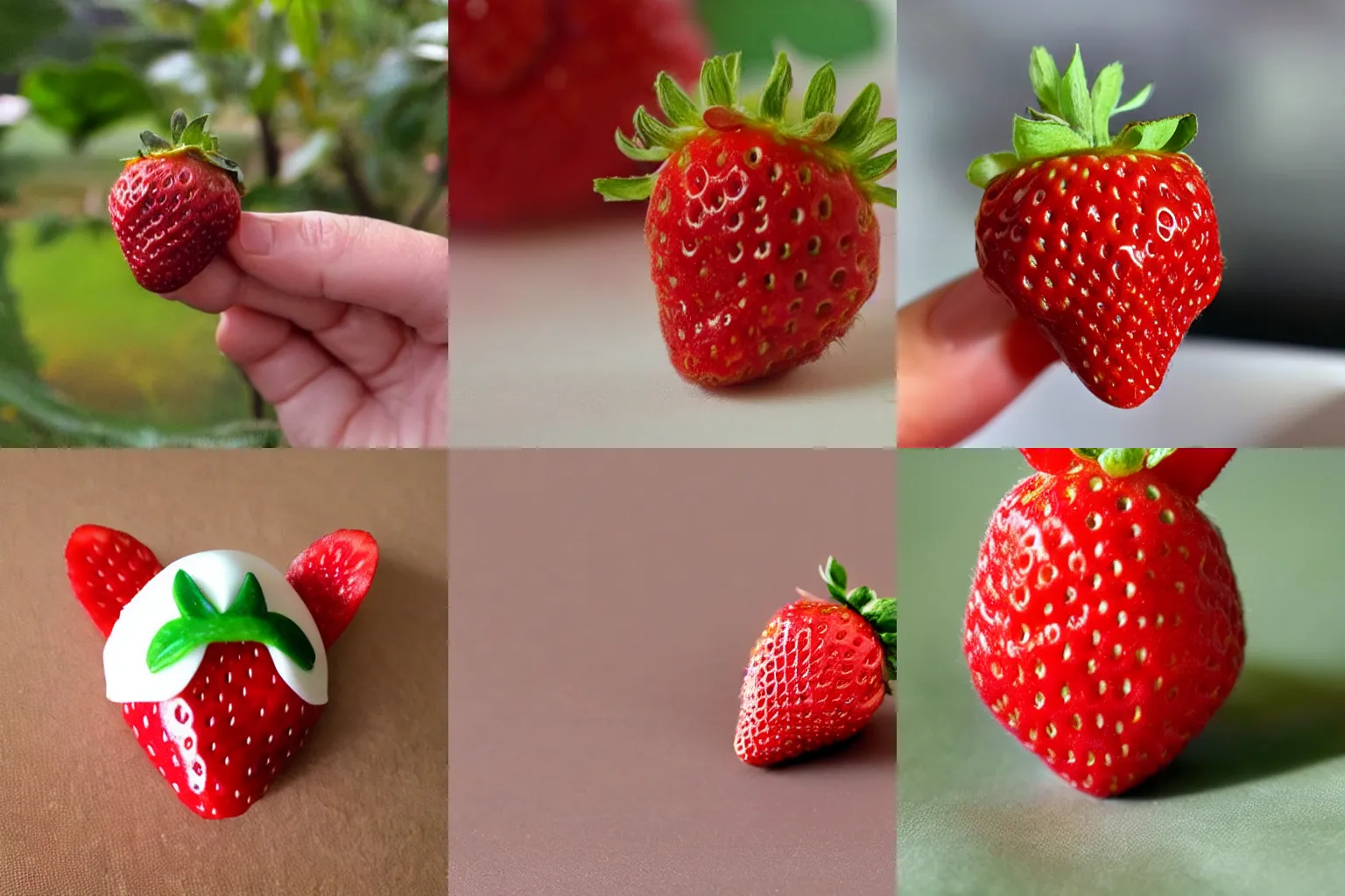 Prompt: a strawberry shaped like a little rabbit