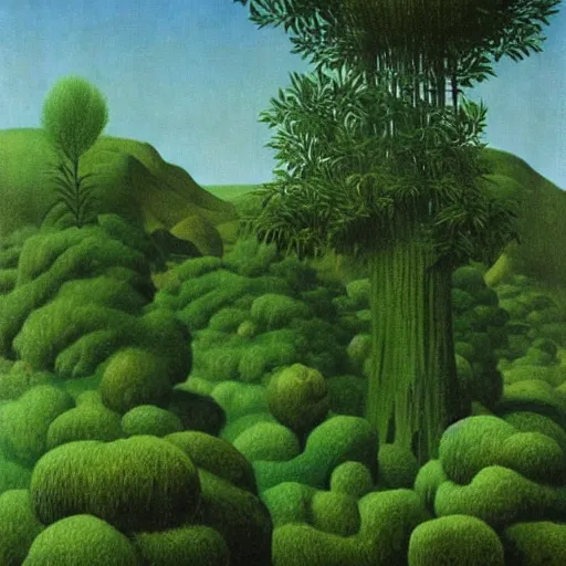 Image similar to painting of a lush natural scene on an alien planet by rene magritte. beautiful landscape. weird vegetation. cliffs and water.