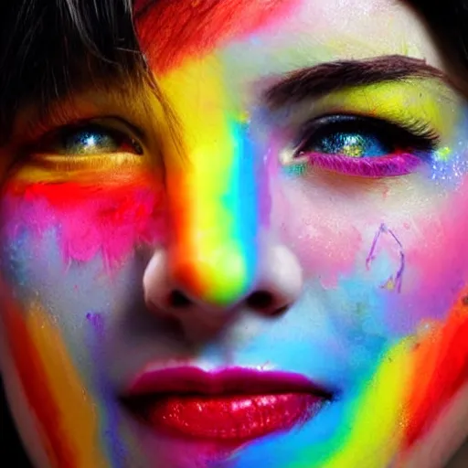 Prompt: woman crying rainbow paint, ultra realistic, realistic photography