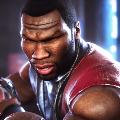 Image similar to a videogame still of 50 Cent in Tekken 7, portrait, 40mm lens, shallow depth of field, close up, split lighting, cinematic