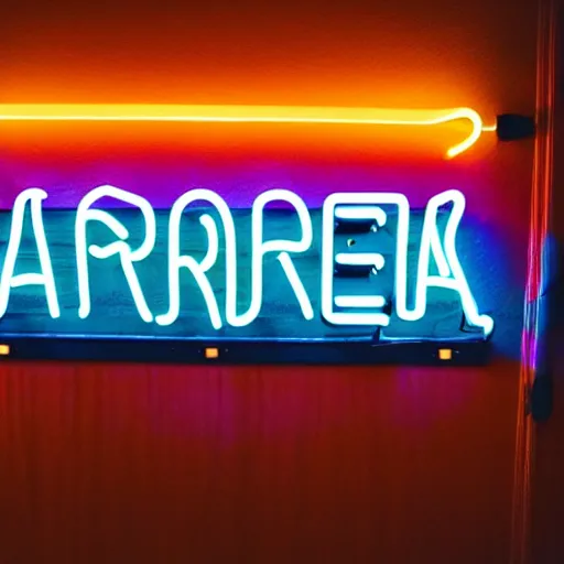 Image similar to Vintage neon sign that spells ARKNIGHTS, hung above the door, late summer evening, long exposure, 35mm f8