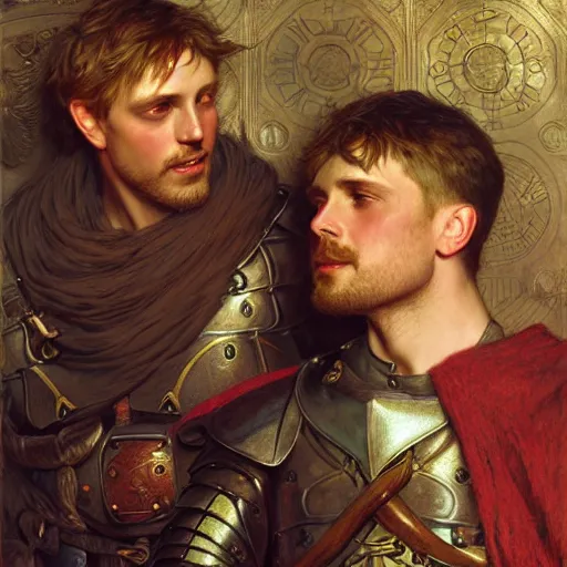 Image similar to attractive arthur pendragon and his attractive male knight, they are in love, natural lighting, path traced, highly detailed, high quality, digital painting, by gaston bussiere, craig mullins, alphonse mucha j. c. leyendecker