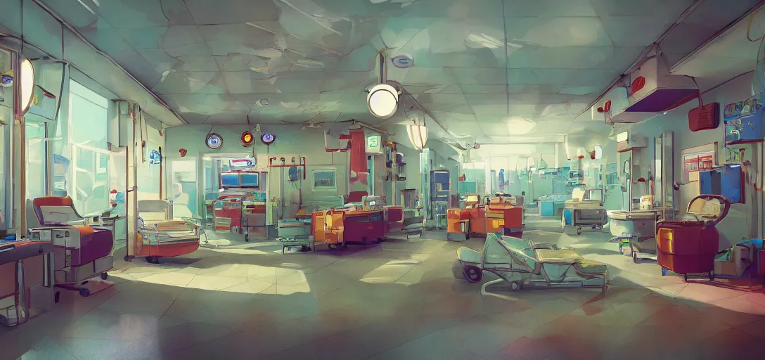 Image similar to retro hospital concept art, colorful, 8 k photorealistic, hd, high details, trending on artstation