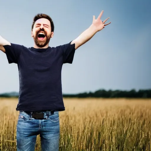 Image similar to happy man standing in a field with arms in the air