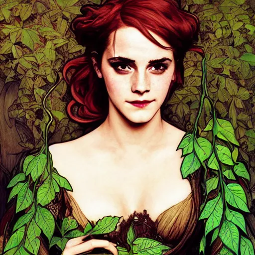 Image similar to a beautiful painting of emma watson and christina hendricks dressed as a poison ivy, dark eyeliner, intricate, elegant, highly detailed, digital painting, artstation, concept art, matte, sharp focus, illustration, art by rebecca guay and by arthur rackham and by alphonse mucha and by john william waterhouse