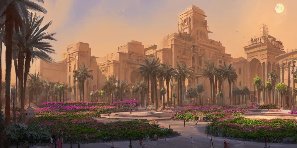 Image similar to a beautiful concept painting in the style of eddie mendoza with a landscape of the khedival opera house in talaat harb square cairo with lush landscaping, date palm trees, shrubs and flowers. eddie mendoza, trending on artstation