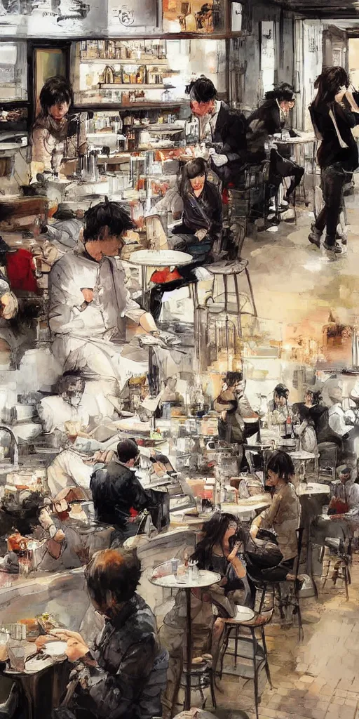 Prompt: oil painting scene from cafe by kim jung gi