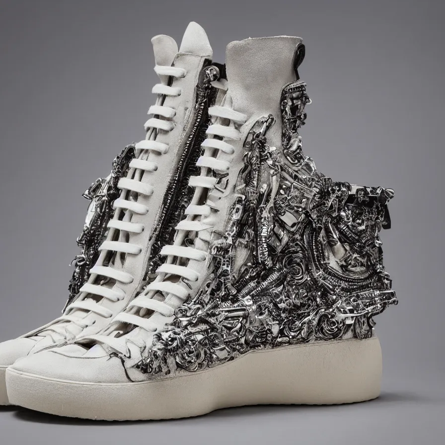 Prompt: hypermaximalist rick owens ramones high - top sneaker, highly detailed and intricate, product photo, 8 k, 5 0 mm, f 3. 4