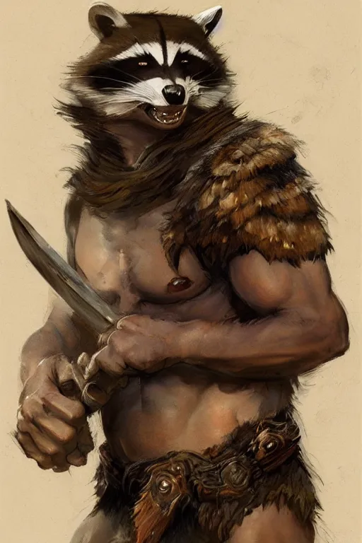 Image similar to a portrait of a male racoon folk barbarian by Frank Frazetta, WLOP and ross tran