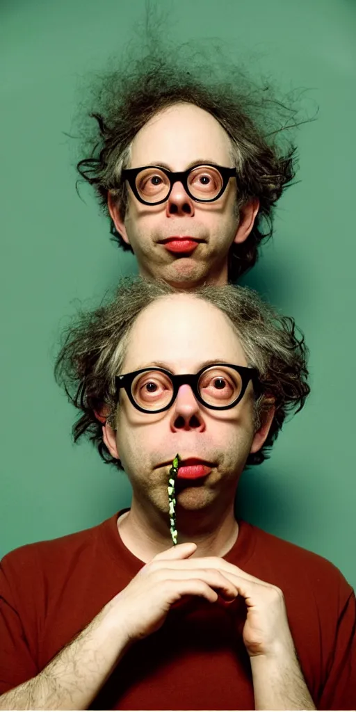 Image similar to award winning photo of todd solondz charlie kaufman smoking weed, vivid colors, happy, symmetrical face, beautiful eyes, studio lighting, wide shot art by Sally Mann & Arnold Newman