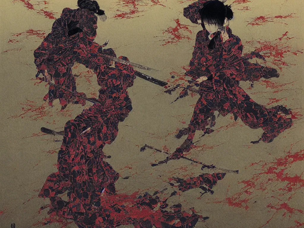 Image similar to Japanese schoolgirl runs away from Samurai with a katana on the subway, high detailed Beksinski painting, part by Adrian Ghenie and Gerhard Richter. art by Takato Yamamoto. deep colours