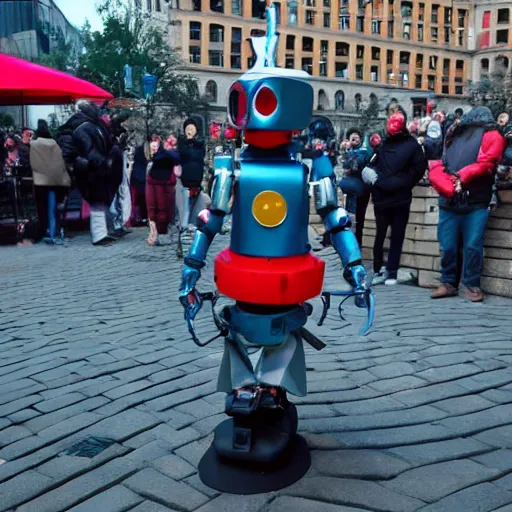 Prompt: a futuristic cyberpunk jester robot entertaining a crowd on a small box in the middle of the city square