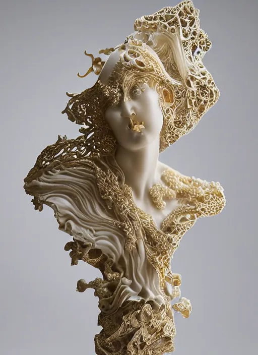 Prompt: romantic marble sculpture of beautiful woman, glistening, mandelbulb, hypercube, ivory carving, fractal paisley inlay, lace, intricate, elegant, highly detailed, gold inlay, metallic, ivory, artgerm, lace, by ruan jia and greg rutkowski