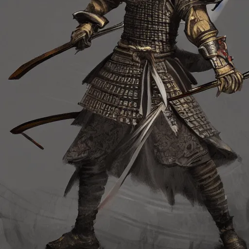 Prompt: concept art of a dnd samurai wielding a katana, intricate details, detailed face, detailed clothes, artstation, epic pose, ambient light, by rembrandt