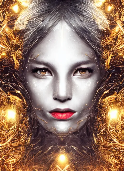 Image similar to glowing silver and golden elements, full close-up portrait, vector dark witch from unsplash, book cover, green forest, white moon, red lips, establishing shot, extremly high detail, photo-realistic, cinematic lighting, pen and ink, intricate line drawings, by Yoshitaka Amano, Ruan Jia, Kentaro Miura, Artgerm, post processed, concept art, artstation, matte painting, style by eddie mendoza, raphael lacoste, alex ross