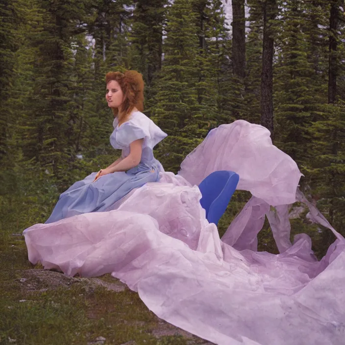 Image similar to a color photograph, closeup portrait of a woman sitting on a plastic throne, in glacier national park in montana, color photograph, by vincent desiderio, canon eos c 3 0 0, ƒ 1. 8, 3 5 mm, 8 k, medium - format print