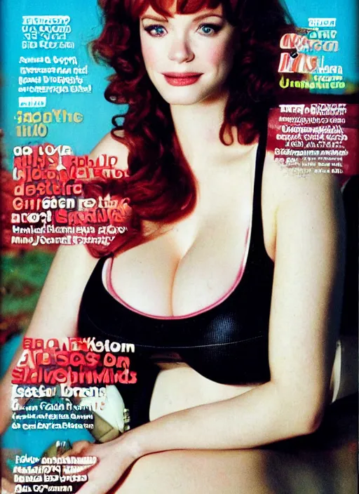 Prompt: christina hendricks on the cover of swimsuit illustrated 1 9 8 0