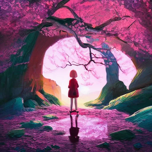 Image similar to giant cherry blossom as a head, girl hiking in a canyon, surreal photography, sunrise, dramatic light, impressionist painting, colorful clouds, digital painting, artstation, simon stalenhag