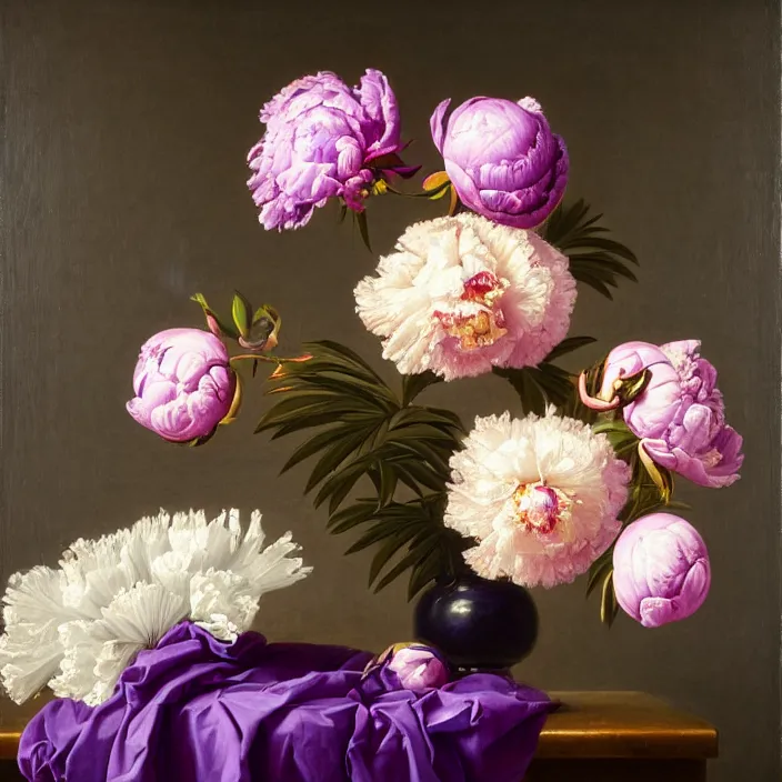 Prompt: still life painting of a beautiful bouquet of purple and pink peonies by pieter claesz, palm trees in the background, oil on canvas, strong lighting, highly detailed, hyper realism, golden hour, god rays, hd, 4 k