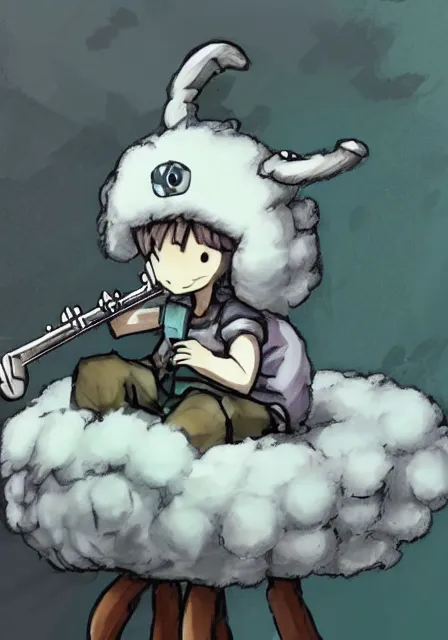 Image similar to little boy wearing sheep suit playing a flute sitting on bed. white, gray, blue, green and brown pallet color. made in abyss art style, inspired in kris from deltarrune, cute detailed artwork, anatomically correct