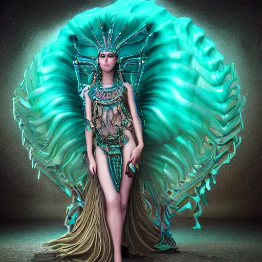 Image similar to unreal engine, octane render, 8 k, sandro botticelli full body portrait of lady of elche egyptian sumerian goddess princess intergalactica, nautical siren, queen of heaven, techno mystic goddess, with aqua neon dreadlocks, teal eyebrows encrusted with diamonds, wearing iris van herpen haute couture, star - gate of futurisma,