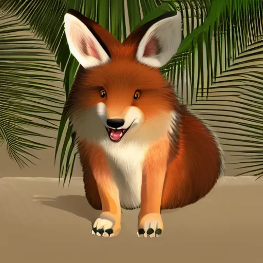 Image similar to a photorealistic adorable chubby fennic fox wolf rabbit hybrid, wearing bows on its fuzzy ears, grinning at the camera with a mischievous look, sharp teeth, happy lighting, at a tropical beach