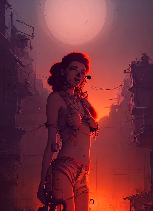 Image similar to highly detailed portrait of a wasteland long curly red hair tribal lady, stray wiring by atey ghailan, james gilleard, by joe fenton, by greg rutkowski, by greg tocchini, by kaethe butcher, 4 k resolution, gradient red, orange, black and white color scheme!!! ( ( burning robotic dystopian city background ) )