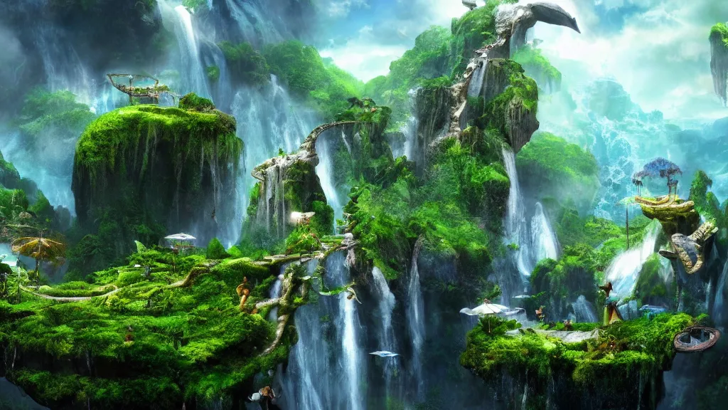 Image similar to fantasy micro world island with waterfall, suspended in the air, like in the Avatar movie, fantasy artwork, very beautiful scenery, hd, hdr, cinematic 4k wallpaper, 8k, ultra detailed, high resolution, artstation