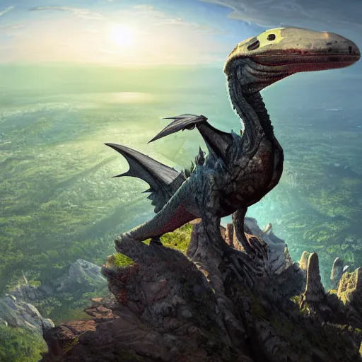 Image similar to a large pterodactl dragon hybrid sitting on a cliff high on a mountain. dark color, ultra wide angle, panoramic, fish eye, colorfull painting, centered, front, horizon, outline, detailed, art by stephan martiniere, 4 k resolution