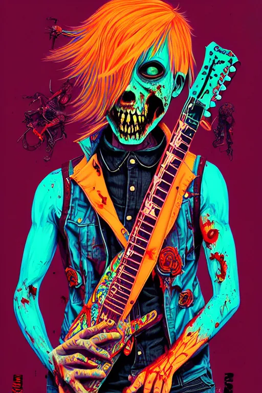 Image similar to zombie punk rocker playing guitar, tristan eaton, victo ngai, artgerm, rhads, ross draws, intricated details, 3 / 4 view, full body portrait, extremely luminous bright design, horror, pastel colours, toxic drips, autumn lights