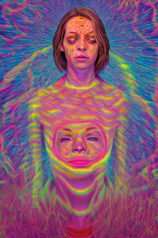 Image similar to acid tripping cult girl third eye open, chakra energy waves resonating from her body, ethereal aura, epic surrealism 8k oil painting, portrait, perspective, high definition, post modernist layering, by Sean Yoro, Casey Weldon