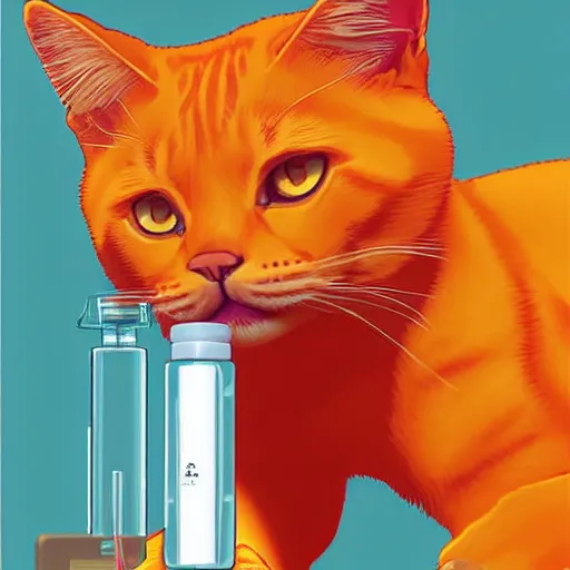 Prompt: an orange tabby cat starting at a syringe at the vet by ilya kuvshinov katsuhiro otomo