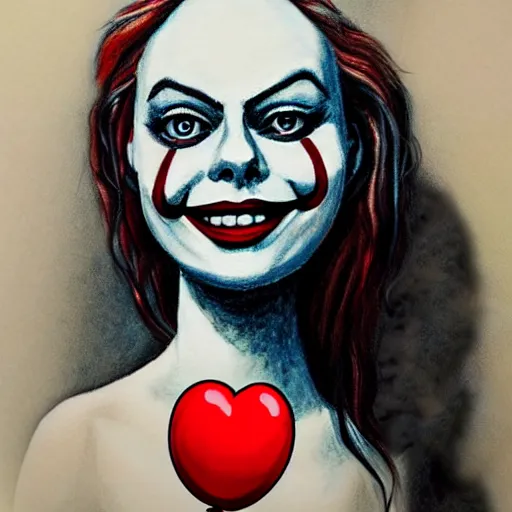 Image similar to grunge cartoon painting of margot robbie with a wide smile and a red balloon by chris leib, loony toons style, pennywise style, corpse bride style, horror theme, detailed, elegant, intricate