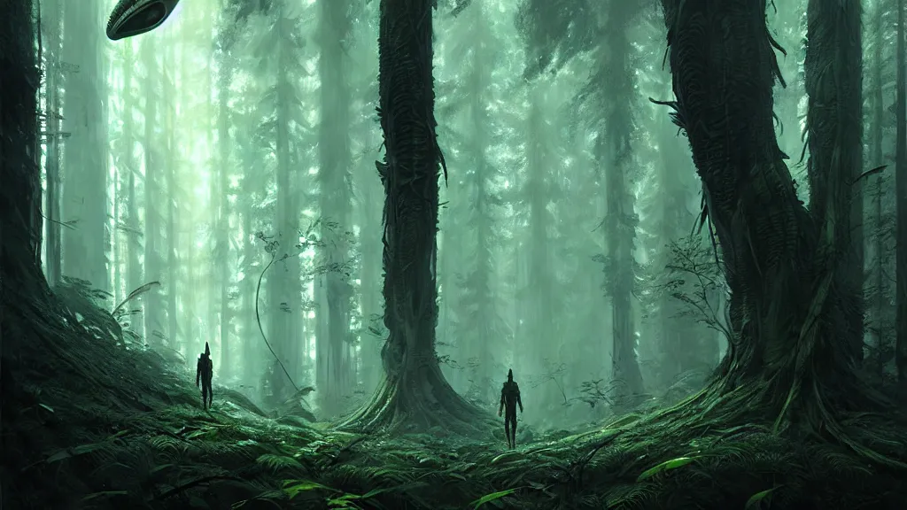 Image similar to alien, lost in the forest, detailed digital art by greg rutkowski.