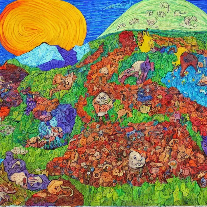 Prompt: several dead sheep, mountains of gigantic fruit, naivistic art, childrens drawing, story book illustration, expressive, expressionistic, outsider art, colorful, schizophrenic, paranoid