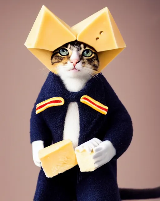 Image similar to high quality presentation photo of a cute model cat dressed as napoleon holding a piece of cheese, photography 4k, f1.8 anamorphic, bokeh, 4k, Canon, Nikon