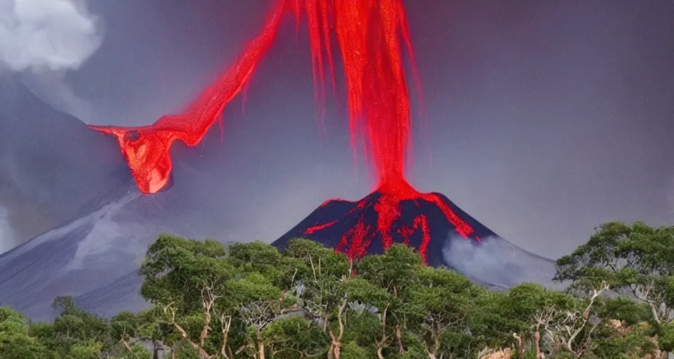 Prompt: a volcano made of ivory vines and crimson rocks enters in eruption, it spits a smoke in the shape of demonic eye, from Final fantasy
