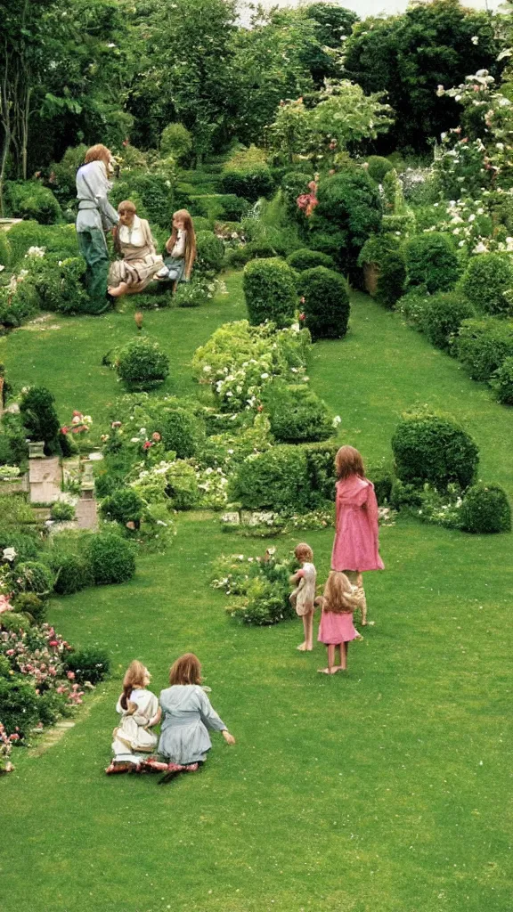 Prompt: The famous garden scene of the girls couple with kid in the Eric Rohmer movie: A green town for us to live in