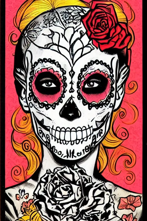 Prompt: Illustration of a sugar skull day of the dead girl, art by alan davis