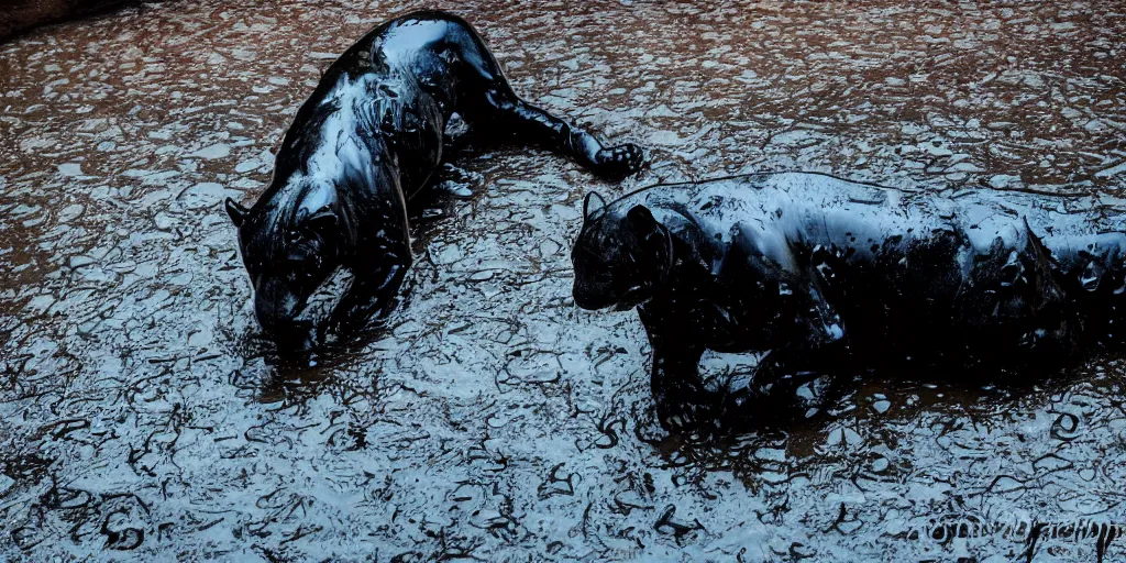 Prompt: the smooth black jaguar, made of smooth black goo, bathing in the tar moat in the zoo exhibit, viscous, sticky, full of tar, covered with black goo, splattered tar, dripping tar, dripping goo, splattered goo, sticky tar. photography, dslr, reflections, black goo, zoo, exhibit